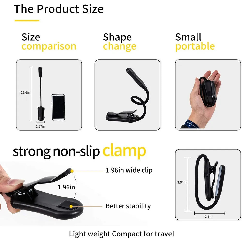 7-LED USB Rechargeable Book Light – Flexible Clip Reading Lamp