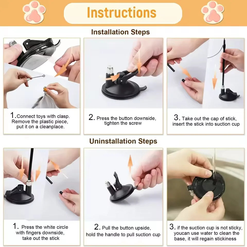 Cat Teaser Stick – Suction Cup Toy with Bell & Feather